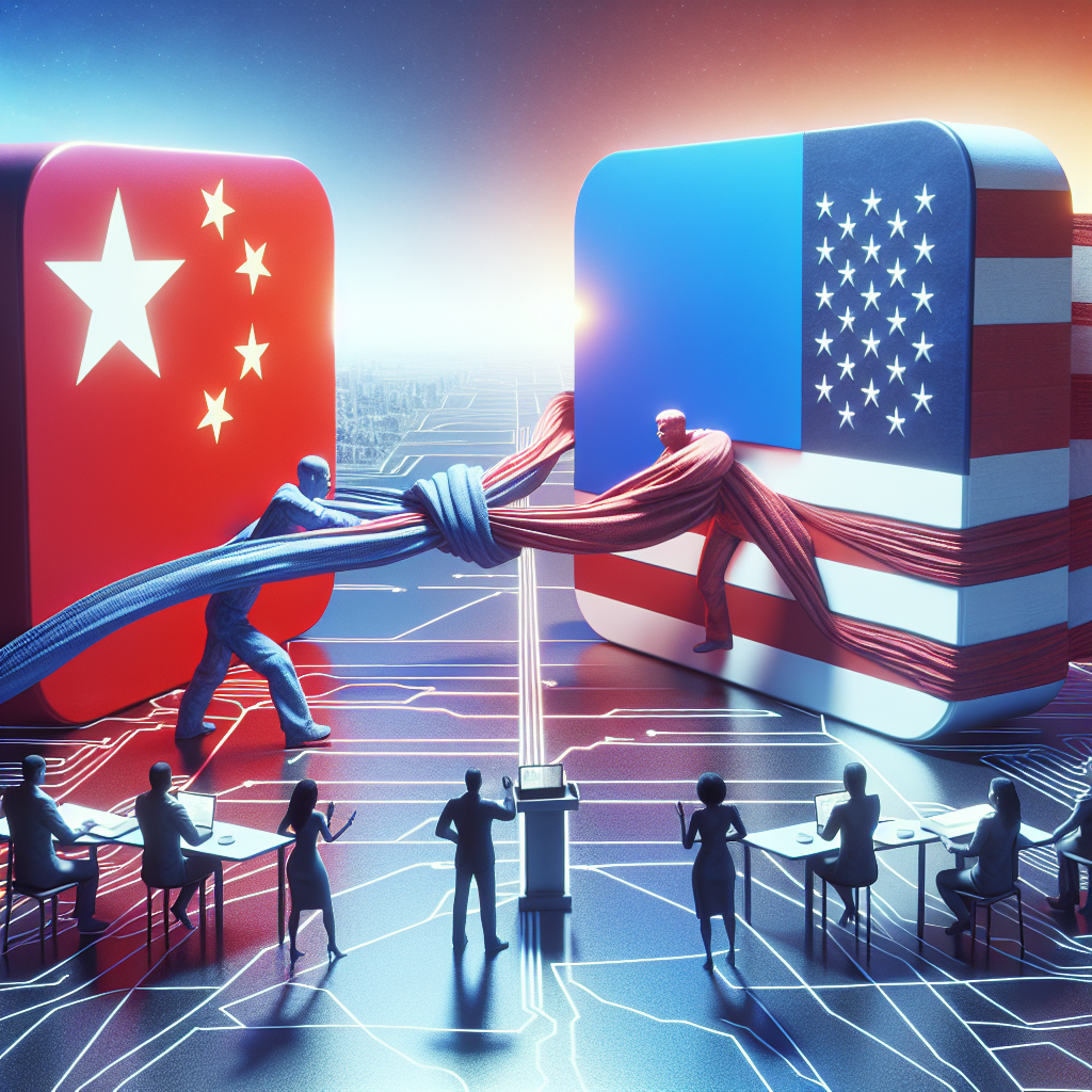 A conceptual image representing a debate about social media restrictions set against the backdrop of US-China technological tensions. It could involve two people debating in an abstract setting. On one side, the debate participant, a Caucasian male, could be standing next to a large metaphorical representation of a red flag, symbolizing China. On the other side, the debate participant, a Black female, could be standing next to a star-spangled banner symbolizing the US. In the middle, a large, unbranded social media logo is caught in a tug of war between the two. The atmosphere should be imbued with a sense of tension and competition.