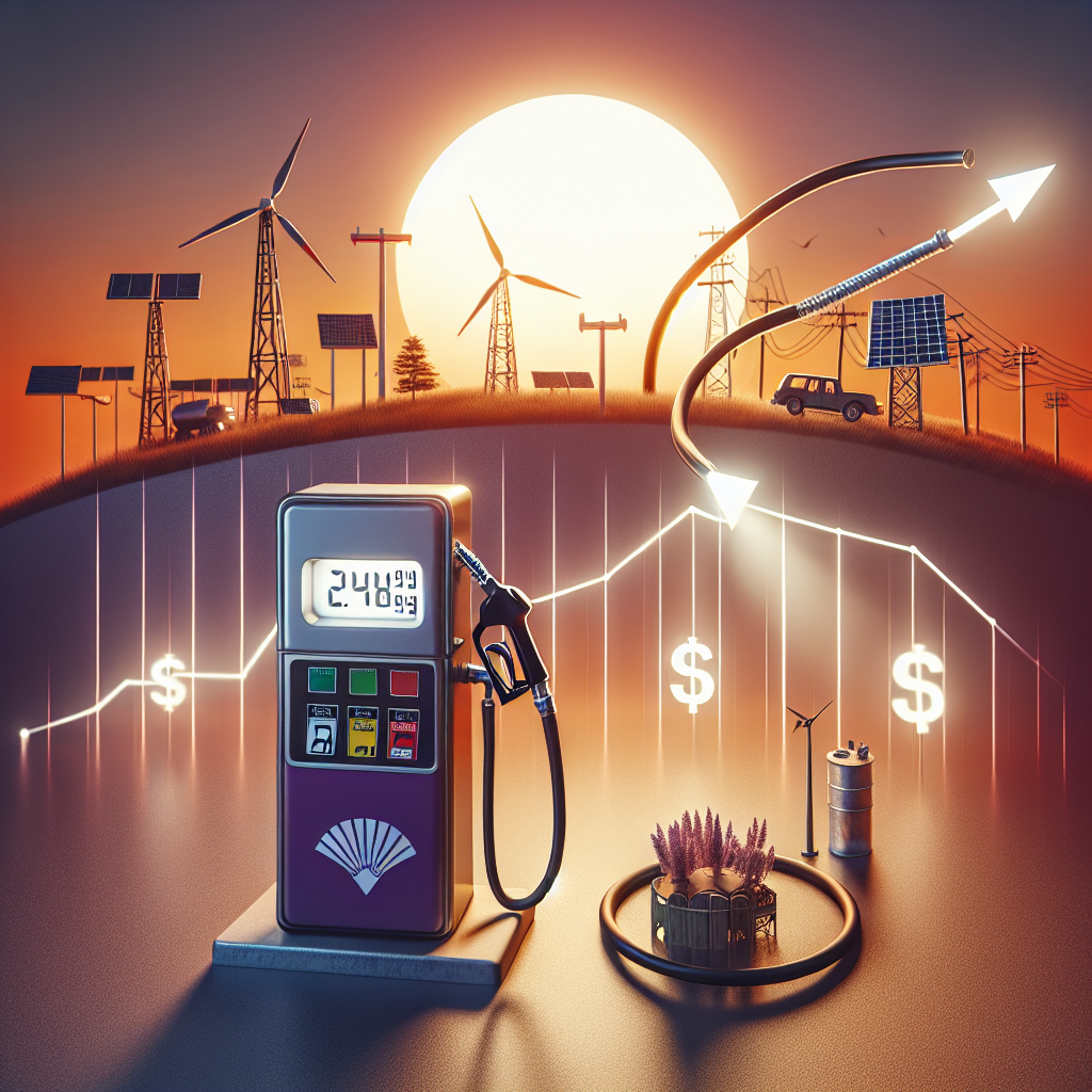 Visualize a conceptual scene inspired by the theme 'Gas Prices Plummet: Must-Have Insights on US Energy Policy Shifts'. In the foreground, depict a traditional gas pump with the cost numbers on it showing low prices. The pump's hose transforms into a graph's downward trend arrow. In the background, represent the energy policy shifts through some symbols such as a wind turbine, solar panels, and an oil rig, signifying the diverse assets of the US energy policy. These symbols are positioned below a setting sun, which signals change. Ensure the art style is sophisticated and communicates economic and policy-based undertones.