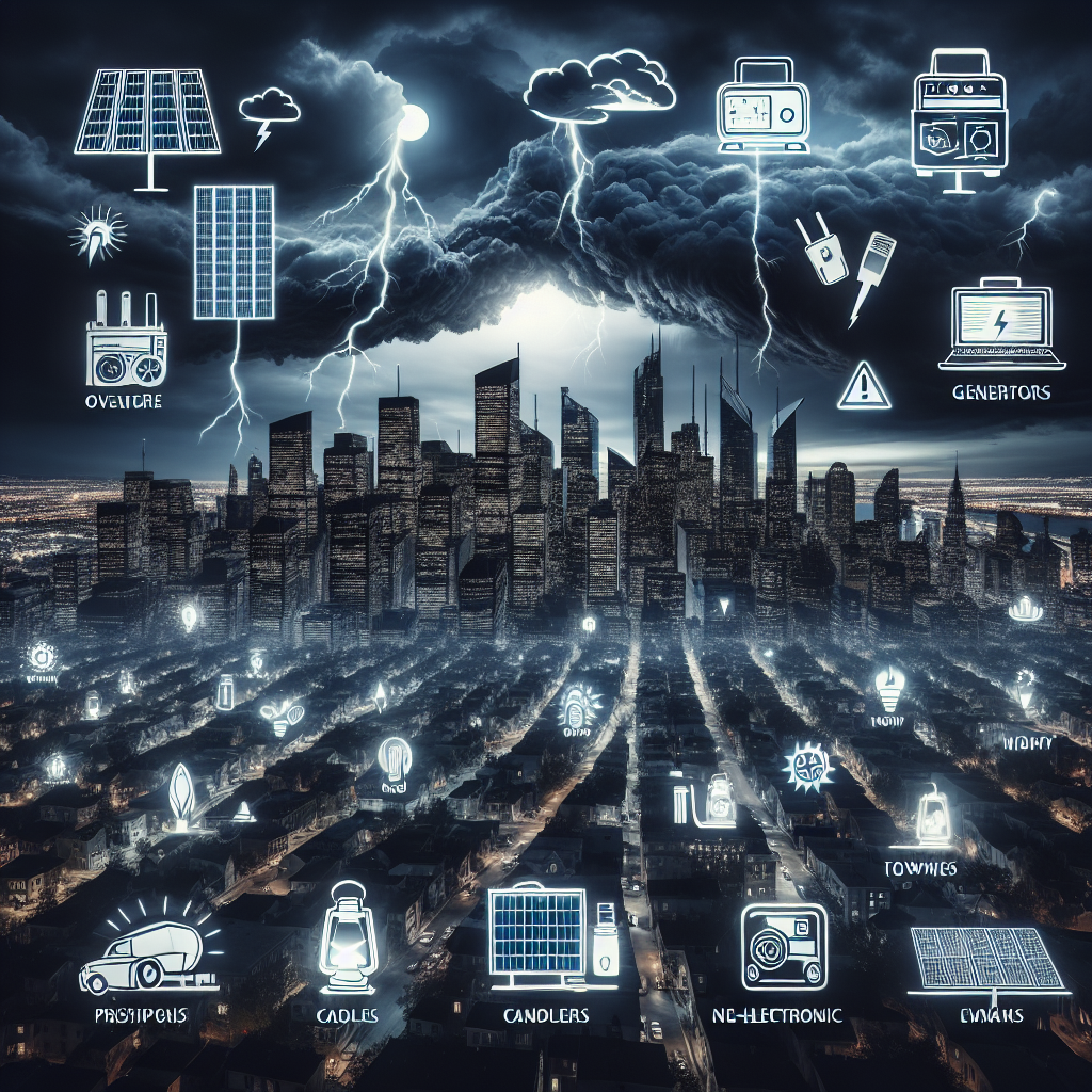 Visualize an ominous city sky filled with dark storm clouds to symbolize an impending power grid failure. The city landscape below shimmers with the final ounces of electric light before the anticipated blackout. To signal the survival strategies, include diagrams of several common but effective mitigation techniques, such as portable generators, solar panels for energy backup, and non-electronic tools like candles and matches strategically appearing in windows of houses and buildings. Include representations of well-prepared individuals with flashlights and walkie-talkies, staying calm amidst the emerging darkness.