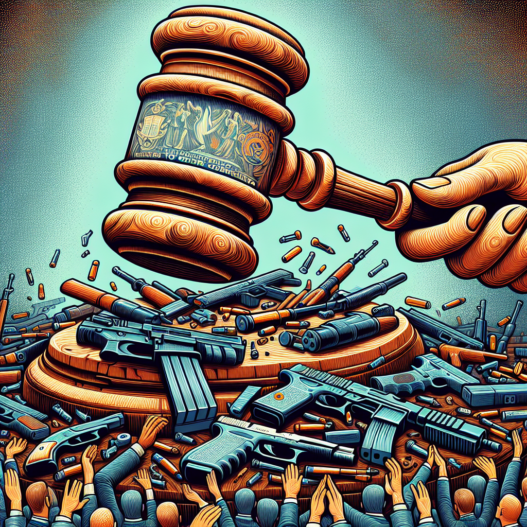 An expressive and detailed illustration representing the concept of gun control legislation. The central element is a large, intricately designed gavel, symbolizing law and order, striking down on a pile of varied firearms. The firearms should appear shattered or breaking apart under the gavel's force, implying effective control. There's text on the gavel reading 'Essential Steps to Curb Gun Violence'. All around the main elements, can be small groups of people of different genders and descents, cheering and applauding in relief and agreement. The colors used should lean towards cool and calming tones to emphasize peace.