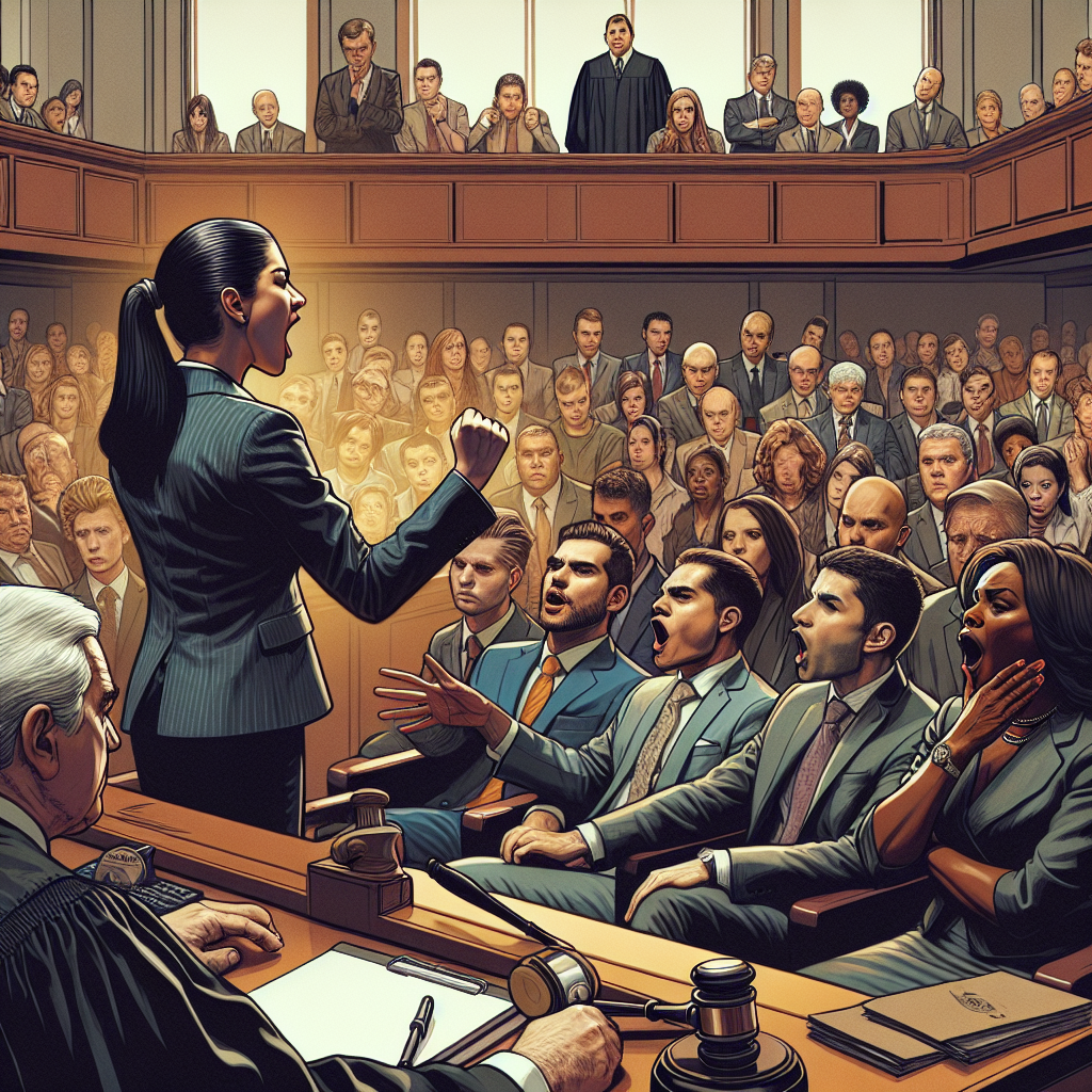 An image depicting a tense courtroom during a high-profile criminal trial in the United States. In the center, you can see a jury box filled with a diverse range of individuals, including a South Asian female, a Hispanic male, a Caucasian male, and a Black female. In the foreground, a Caucasian female lawyer in a business suit is passionately debating her case. The judge, a Middle-Eastern male, sits sternly on the high platform overlooking the room, holding a gavel in his hand. In the background you can see various spectators eagerly waiting for the verdict.