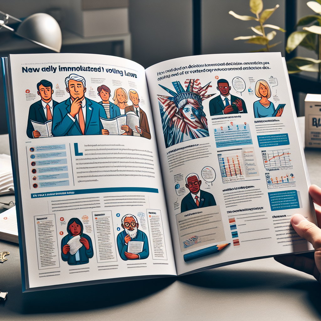 A substantial guidebook opened to a page focusing on the details of newly implemented voting laws after various elections. The text is easy to read and well organized with accompanying infographic visuals, including charts and diagrams. Show representation of diverse citizens such as Caucasian man, Middle-Eastern woman, South Asian elderly etc. reviewing the guide with thoughtful expressions. Include symbols of democracy like ballot boxes and inked finger along with the guidebook. The backdrop is a clean, clutter-free workspace with ambient lighting, suggesting the seriousness of the subject.