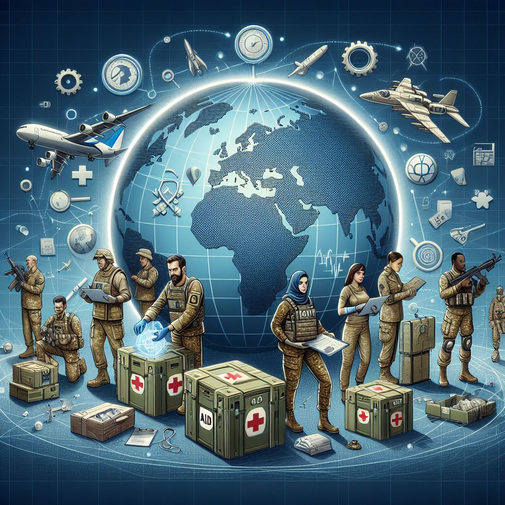 A conceptual illustration representing global security. A map or globe in the background symbolizes the international aspect. Foreground features symbols of military aid such as crates labeled 'aid', medical kits, technological equipment, and gears, indicating strong defense mechanisms. Depict members of military personnel of various descents, including a Caucasian woman, a Hispanic man, a Middle-Eastern man, and a South Asian woman, respectively conducting tasks associated with the distribution and organization of the said aid. The scene should convey cooperation, unity, and a shared purpose in a safe and secure world.