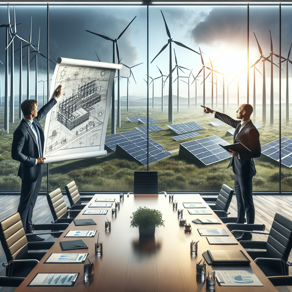Picture a scene encapsulating the concept of clean energy investments and climate change legislation. On one side of the vast boardroom table, visualize a Caucasian male in his 40s, wearing business attire, holding up blueprint plans of a wind farm. Standing on the other side, a black female senator in her 50s points at a legislation document about environment protection. In the background, through a wall-sized glass window, depict a cityscape rife with solar panels on rooftops. This visual confluence symbolizes strategic decision-making in clean energy investments and the effect on climate change legislation.