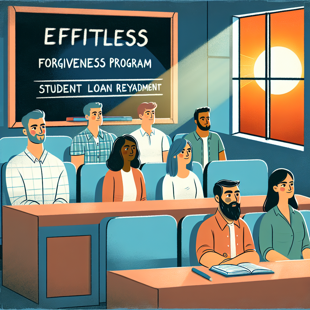 Illustration of a diverse group of students, sitting in a lecture hall, receiving an education. Make it so that a Caucasian man in his twenties sits on the left side, a Middle-Eastern woman in her early twenties sits in the middle, and a Hispanic man in his late pensionable age sits on the right. The blackboard behind them displays the words 'Effortless Forgiveness Program: Student Loan Repayment'. Additionally, add a warm sunset light entering through a large window, a symbol of hope and relief.