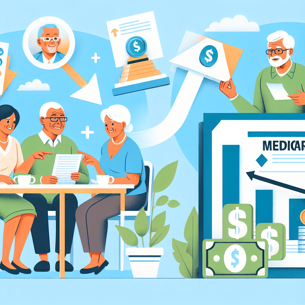Illustrate an image showcasing various aspects of the topic. On one side, show elderly individuals happily reviewing paperwork together at a table, with a male Caucasian and female South Asian involved in the discussion. Next to them, incorporate a symbolic representation of lower healthcare costs like a descending bar graph or dollar sign with down arrow. To represent changes to Medicare, depict an open booklet titled 'Medicare' with pages transforming from old to new. Make sure the atmosphere feels positive and the elderly individuals are comfortable and at ease, reflecting the 'effortless' part of the article's focus.