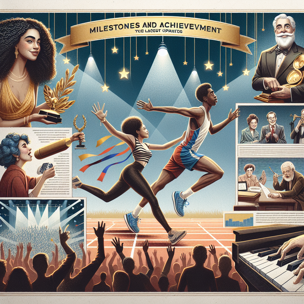 An illustrative montage representing different generic celebrities reaching their milestones and achievements. To one side, symbolize an actor receiving an award, a young black female with wavy, shoulder-length hair. On the other side, depict an athlete, a middle-eastern male crossing the finish line amidst cheers. In the center, represent a musician, an elderly Caucasian woman playing a grand piano on a stage, bathed in spotlights. Include snippets of headlines and articles about celebrity achievements scattered around, and top it with a golden banner with the title 'Milestones and Achievements: The Latest Updates'.