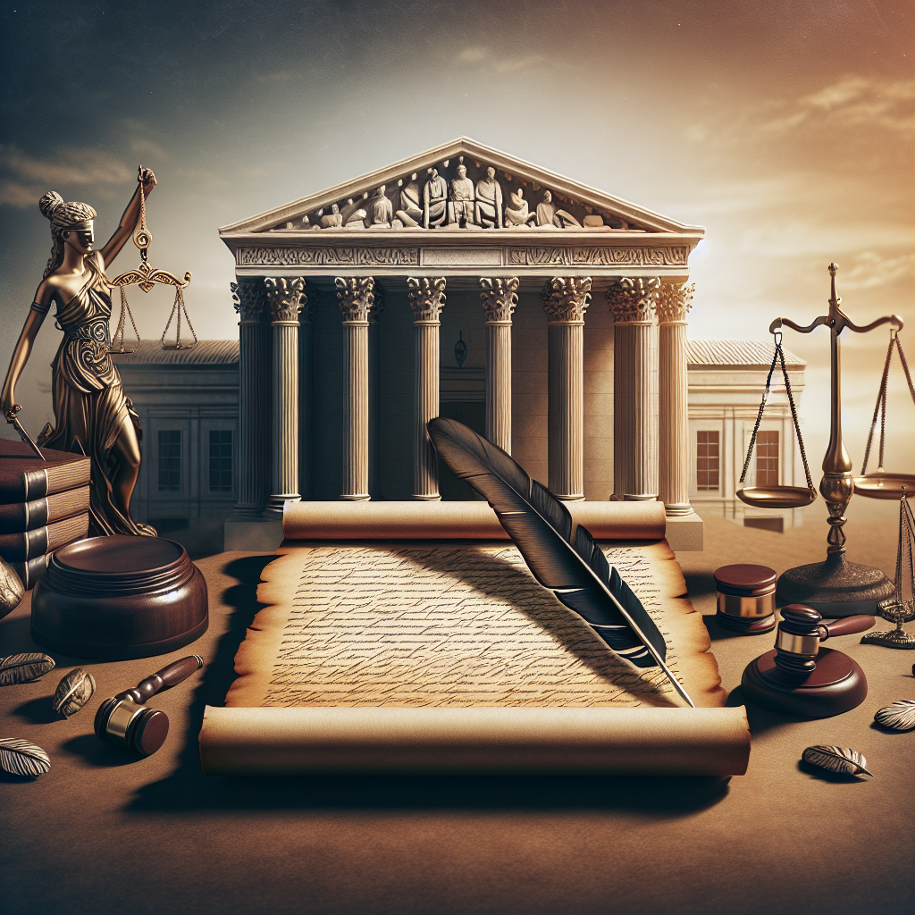 Create an image showcasing a large, majestic-looking building, symbolizing the Supreme Court, with an ancient parchment-style document in the forefront. The document should be adorned with a feather quill pen signifying its historic impact. Surround this scene with scattered symbols of law and justice, such as scales, gavels, and law books. Ensure the background features a sky transitioning from dawn to dusk, indicating change and progression over time. Do not include any humans or specific individuals in the scene.
