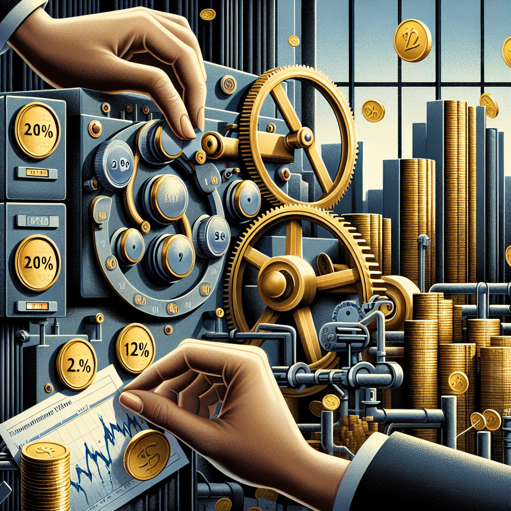 An insightful illustration metaphorically depicting the Federal Reserve managing inflation. There's a pair of hands (one male and one Black, the other female and Asian) delicately manipulating a set of dials and levers on a complex industrial machine, subtly representing interest rate adjustments. In the background is a large, precarious stack of gold coins, symbolizing inflation. Pieces of paper featuring economic data charts and percentages float in the air, indicating the complex consideration of various economic indicators. The scene is set in an office with large windows showing a bustling cityscape, indicating the economic activities that depend on these decisions.