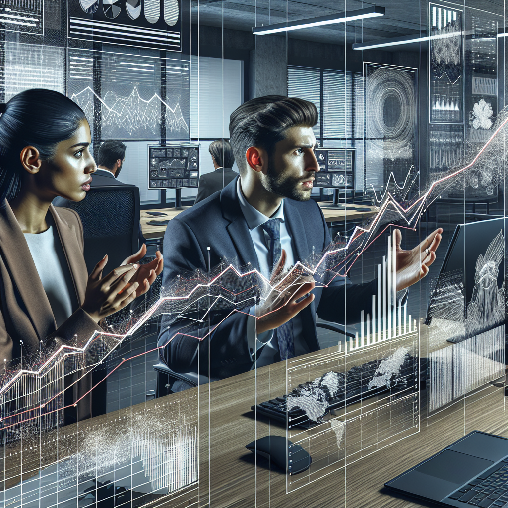 A detailed depiction of a Caucasian and Middle-Eastern pair of experts discussing graphs, charts and datasheets containing trends and statistics about the US housing market and mortgage rates. They are at a modern coworking office space, each of them presenting strategies to navigate through the crisis. The room is filled with computer screens displaying data and the rising line graph indicating the increasing mortgage rates. The experts appear intense but hopeful, emphasizing a sense of resilience amidst challenges.