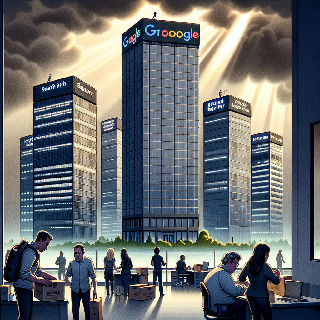 A scene portraying big tech companies as enormous office buildings, each labeled with a generic sign such as 'Search Engine Corporation', 'Online Retailer', 'Social Media Tech', and 'Electric Car Manufacturer'. The sky is a mix of dark clouds and rays of sunlight peeking through. Near the buildings, representing the mass layoffs, are a multitude of empty desks, silently witnessing the architectural giants, with a few remaining white collar workers, of different descents including Caucasian, Hispanic, Black, Middle-Eastern, South Asian, packing their belongings into boxes
