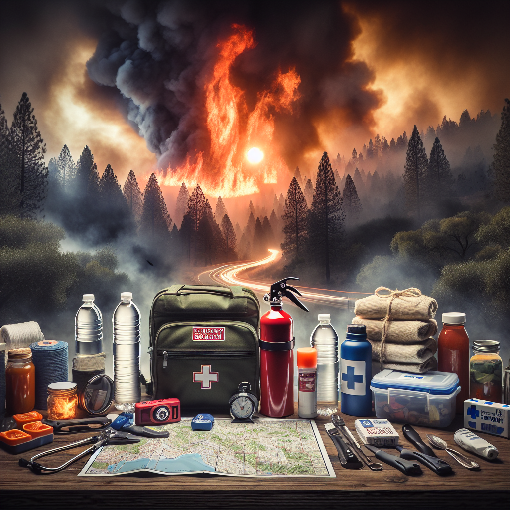 A dramatic scene of a wildfire burning in a lush forest. In the foreground, there's a variety of emergency supplies essential for wildfire preparedness, including a fire extinguisher, water bottles, a first aid kit, non-perishable food, a flashlight, and a battery-powered radio. A comprehensive map of evacuation routes is also clearly visible. The sky is smoke-filled, with the sun appearing as a vague orange blur behind the smoky haze. The image effectively communicates the urgent need for being adequately prepared during wildfire emergencies.