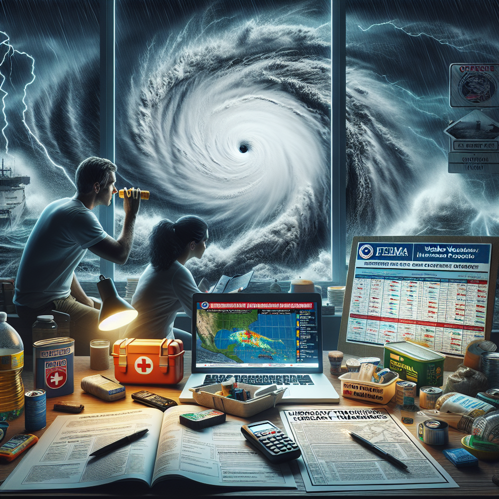 In the eye of a powerful hurricane, a NOAA Weather Alert radio broadcasts hurricane warnings, and a hurricane tracking chart is on a desk in the foreground. Also featured are emergency supplies: flashlights, extra batteries, first aid kit, and canned food. A closed laptop with FEMA logo, and an open guidebook titled 'Emergency Preparedness' provide important information. Through a window in the background, ominous dark clouds and roaring waves portray the severity of the hurricane season. A Caucasian male and an Asian female are diligently noting down the updates, promoting the importance of preparedness during hurricane season.