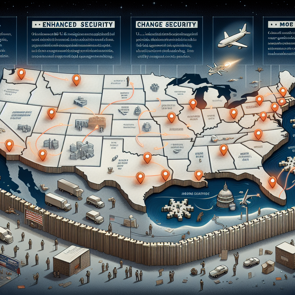 An illustrative scene demonstrating recent changes to US immigration policy. Picture a detailed map of the United States where several hotspots are marked, symbolizing major immigration gates. Adjacent to the map, design a visual timeline, with notable policy changes specified. On the timeline, include symbols representing the concepts of 'change', 'security', and 'immigration'. Near the border of the map, visualize 'enhanced security' through a conceptual representation of a strong barrier, perhaps a wall made of interlocking puzzle pieces. The scene should be neutral in tone, emphasizing information over any particular viewpoint.