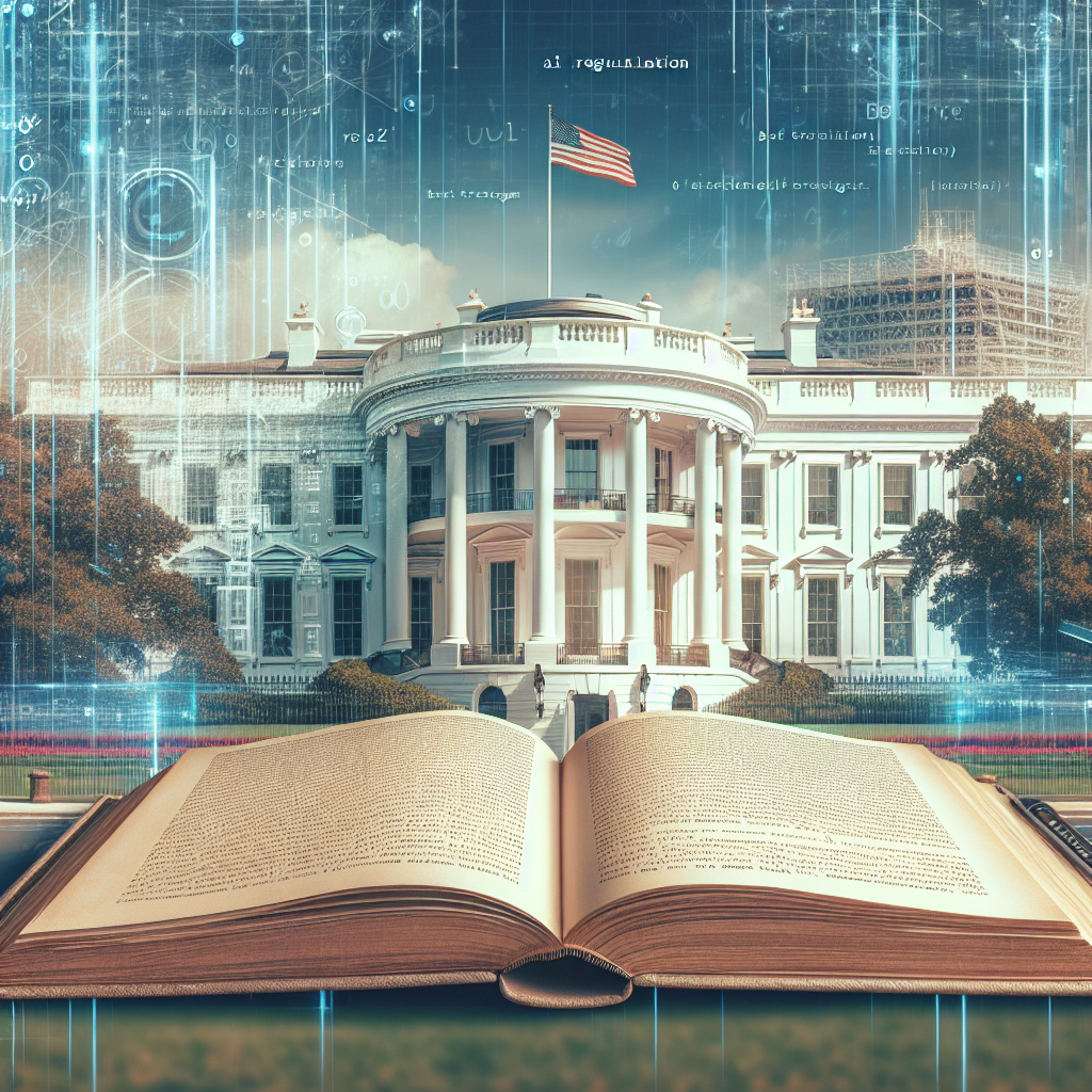 A picturesque scene of a large, impressive building with a white facade and American flags on the roof, representing the White House, yet rendered in a futuristic aesthetic to suggest it's high-tech inner workings. In the foreground, an open book with handwriting discussing strategies, with the phrases 'AI Regulation' and 'Best Strategies' prominently visible. This is set against a backdrop of digital code sequences representing artificial intelligence, creating a blend of history and future technology in one harmonious image.