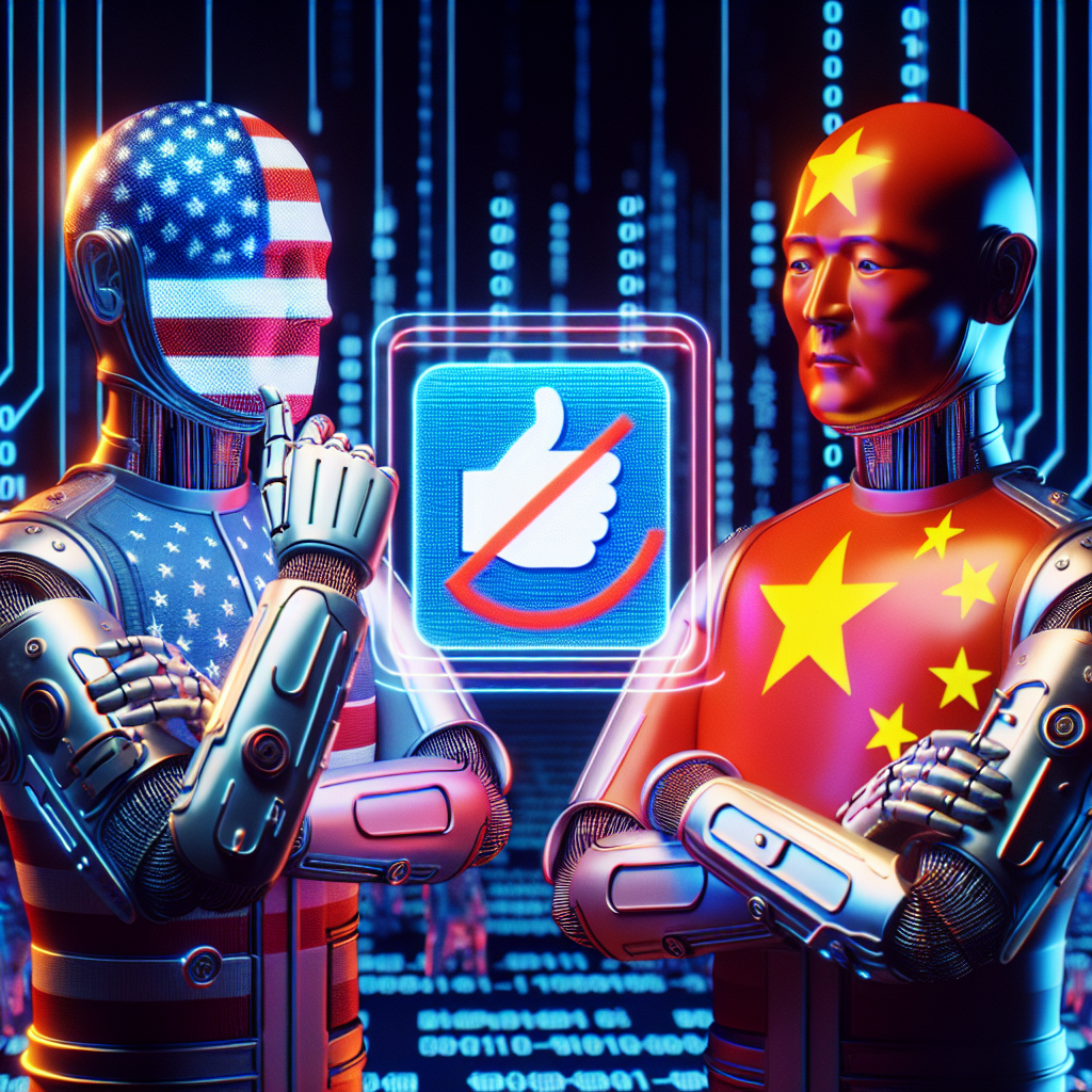 Depiction of two symbolic figures representing the countries of the USA and China in a thoughtful discussion. The USA figure is holding a holographic screen displaying a logo evocative of a popular social media app, with a crossed circle over it indicating a ban. The China figure is expressing clear disagreement. Both figures are presented as tech-savvy individuals, adorned with technological paraphernalia, in a setting suggestive of a digital landscape filled with binary codes and futuristic structures.