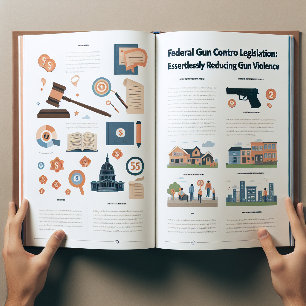 An open book where each side of the spread describes the effects of federal gun control legislation with clear bullet points and infographics. On one page, depict symbols of legislation such as a gavel and scrolls of laws. On the other page, portray peaceful city and neighborhood scenes demonstrating that gun violence has been reduced. Place the title 'Federal Gun Control Legislation: Effortlessly Reducing Gun Violence' prominently on the top of the pages.