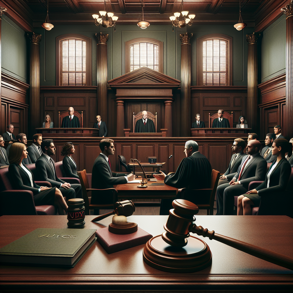 An image portraying a generic courtroom scene focused on high-profile criminal trials in the United States. The scene should have various key elements: a judge, two attorneys engaging in a heated debate, and a diverse jury paying careful attention. No specific people or cases should be depicted. For emphasis, a weighty gavel resting on its wooden stand symbolizing verdicts and a pile of legal documents should also be included. The room setup should be typical for US courtrooms where the jury box lies to the judge's left, witness stand to the right of the judge, and the counsel tables are right in front of the judge. The background can include traditional architectural features like wooden paneling and majestic columns. The overall color scheme should align with the gravitas of the subject, with subdued, rich tones like maroon, hunter green, and dark woods.