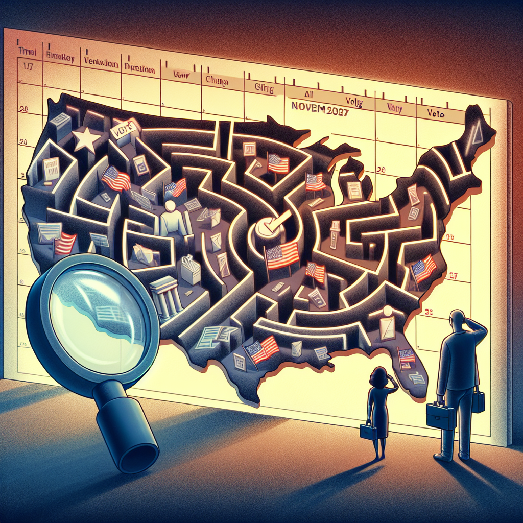 A depiction of an abstract maze, slightly translucent, where the pathway shapes the outline of the United States. The maze walls show symbols or icons representing voting elements such as ballots, voting booths, and check marks. Peering through the maze is a background of a calendar page, symbolizing time. The page is turned to November, with election day visibly marked. A silhouette of a middle-aged South Asian woman and a young Caucasian man navigating through the maze. They carry a large magnifying glass examining the different voting symbols, symbolizing the close inspection of the voting law changes.