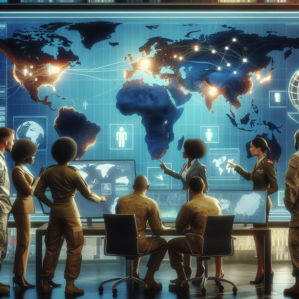 Illustrate an image depicting a world map on a large screen, with key points lit up indicating places of strategic interest. Several people of various descents--a Black woman, a Caucasian man, a Hispanic man, and a Middle-Eastern woman--dressed in military attire are huddled around the screen. They are engaged in a discussion, pointing to the screen and discussing strategies. The room is high-tech with computers, graphs, and charts. A large sphere symbolizing a globe sits on a table at the corner of the room to emphasize 'Global Security'.