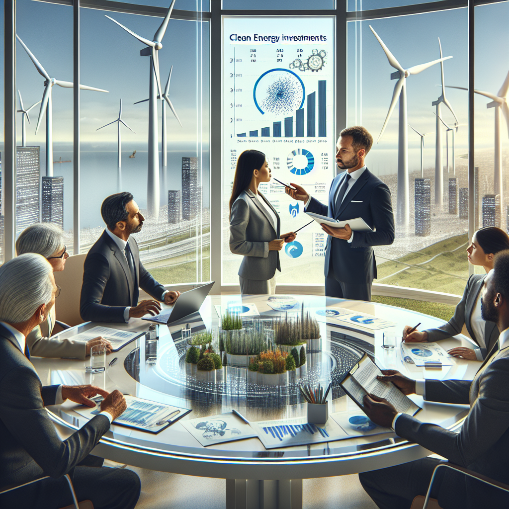 Visualize a scene of an intricately designed meeting room where a diverse group of industry professionals are gathered. The central focus is a male South Asian environmental scientist explaining a chart displaying the rise of clean energy investments, alongside climate data. Close by, a female Caucasian financial advisor, with documents in hand, listens intently. Around them, a Middle Eastern male legislator, and a Black female law consultant converse over legislative documents on the table. Silver wind turbines rotate outside the panoramic window, under a sky lit by an environmentally-friendly cityscape in the far horizon.