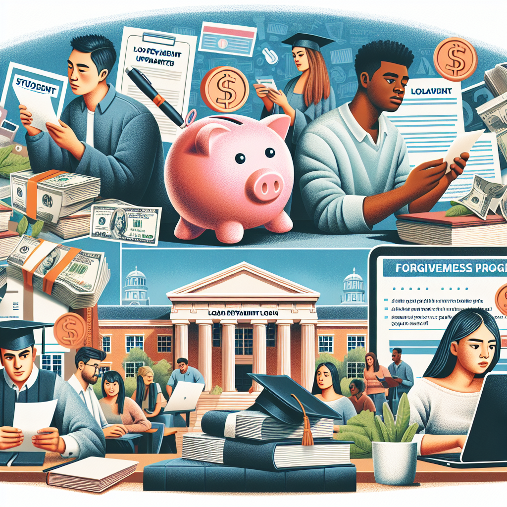 A panoramic image showing diverse mix of people engrossed in their activities. There is an Asian woman analysing various documents labeled 'Student Loan', a Middle-Eastern man holding a piggy bank marked with dollar signs, and a Caucasian man sitting at a desk, typing on a computer with the words 'Loan Repayment Updates' visible on the screen. Also present is a South-Asian woman scrolling through the 'Forgiveness Programs' web page. The background features a collage of diverse university buildings and diplomas.