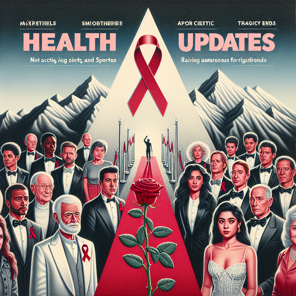 An image representing an editorial cover for a fictional health magazine. On the cover, a variety of unknown individuals in fields such as acting, singing, and sports - not specific people, but representative of different genders and descents - can be seen. In the foreground, show a Caucasian man and a Hispanic woman, both dressed in red carpet attire, raising awareness through a symbolic ribbon campaign. This should be against a backdrop of a metaphorical high mountain peak for milestones, and a wilting rose for tragic ends. The magazine’s title, 'Major Health Updates', is written in bold letters.