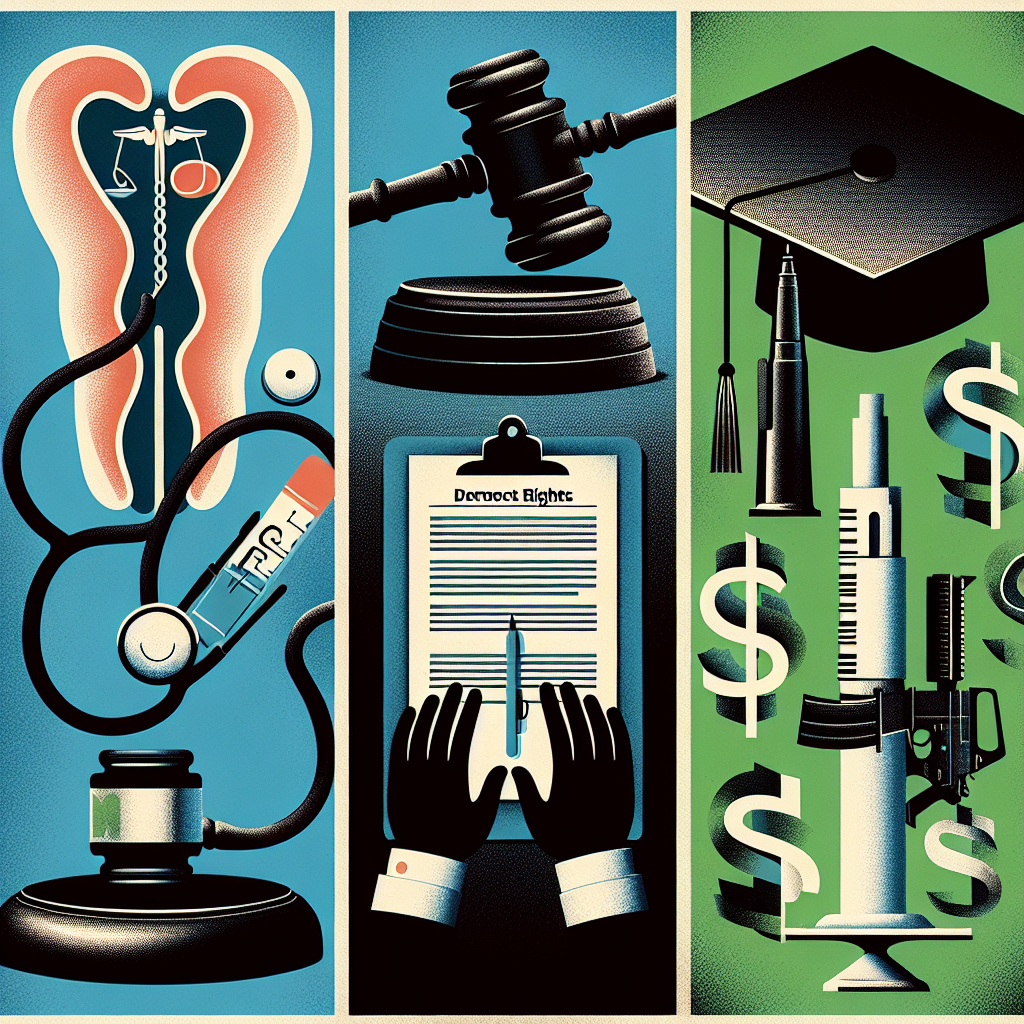Visualize a balanced montage depicting three significant areas of law affected by judicial decisions. The first scene contains a symbolic representation of the debate around reproductive health, represented by a stethoscope and pregnancy test. The second scene portrays gun rights, represented by a gavel striking down on a document encapsulated with an image of a firearm. The third scene embodies student loans, illustrated by a graduation cap and certificate entangled in green dollar signs. These snapshots should be woven together in a thought-provoking and respectful way, showcasing the interplay between these legal areas.