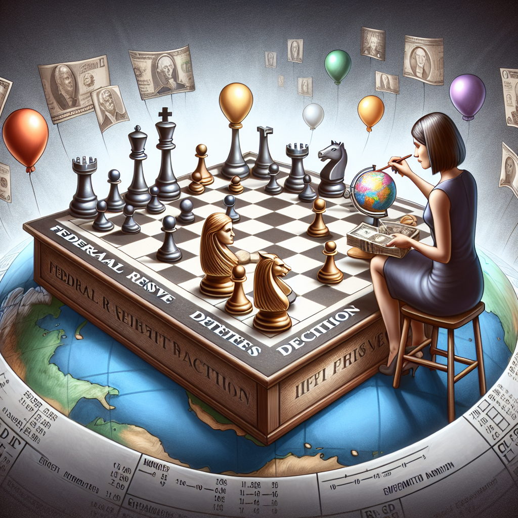 Visualize a metaphorical scene depicting 'Federal Reserve Interest rate Decisions' as a woman playing a complex chess game on a game board to signify strategies. The pieces represent different economic factors while the queen, denoting the 'Inflation', is ascendant on the board. The chessboard is set on a globe symbolizing the global economy. The woman wisely assumes the strategies to keep the inflation in check. Do not include any identifiable individuals, copyrighted symbols, or offensive content.