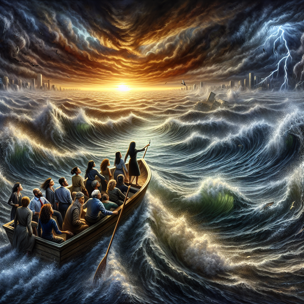 Visualize an image representing the current state of the US housing market crisis. The predominantly grim atmosphere, touched by a glimmer of hope. A stormy sea represents the tumultuous housing market, waves roaring high are the rising mortgage rates. A small boat being navigated by a diverse group of people representing different descents such as Caucasian, Hispanic, Black, Middle-Eastern, and South Asian are on board, symbolizing homeowners battling the storm. Their strained facial expressions depict worry but determination. One of them, a female with a compass, represents careful strategies. The horizon shows a promising sunrise, symbolizing hope and potential recovery.