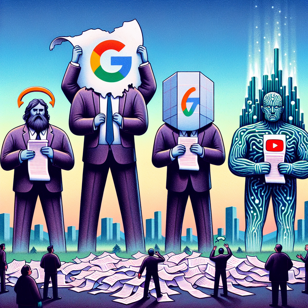 An illustrative scene depicting four symbolic giants, each representing significant tech companies: a search glass symbol for a giant for Google, a giant depicted as a large floating river for Amazon, a large cubic structure for Meta, and a futuristic electric giant for Tesla. They are standing together around a pile of traditional pink slip papers signifying mass layoffs. The backdrop is a city landscape blown by the winds of change. Each giant is shown trying to remedy the situation in their own unique strategies, while maintaining a dignified and considerate attitude towards the affected workforce.