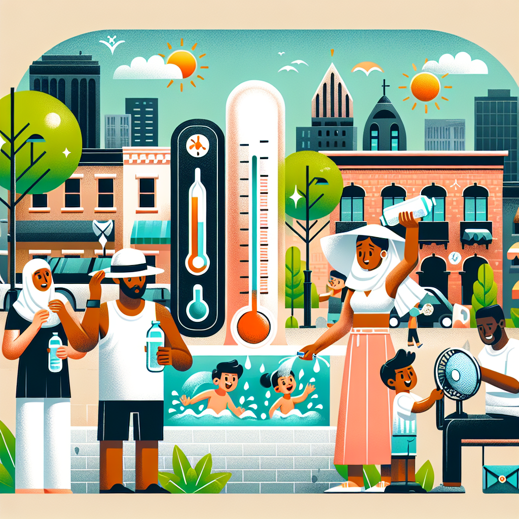An image depicting a sweltering summer cityscape with residents taking various precautions against the heatwave. In the foreground, a Middle-Eastern woman is seen drinking water from a reusable bottle while donning a sun hat. A Black man is nearby under a tree, fanning himself with a portable fan. A South Asian child is seen happily splashing in a public fountain, supervised by a Hispanic man applying sunscreen. Background buildings have awnings down and air conditioning units. A digital thermometer in the scene shows high temperatures. Infographic-style icons of sunscreen, hat, water, and fan orbit the scene.