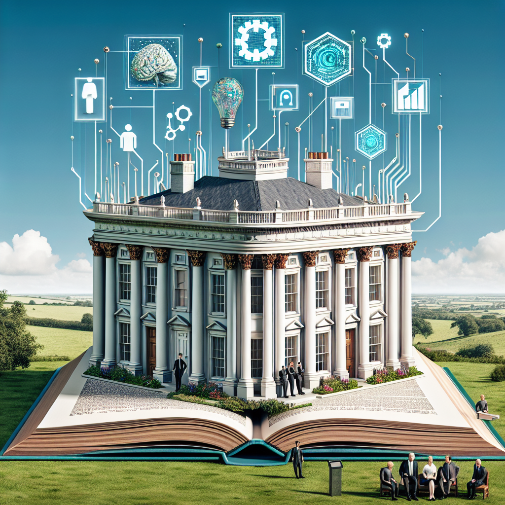 A traditional, large-scale representation of a stately white house made of bricks and stone stands in a lush green landscape, with blue skies in the backdrop. In front is an open book symbolising 'policy', with pages filled with laws and regulations. Above the house, there's an array of digital icons signifying 'AI and Innovation' - a grid of neurons, a circuit board, and a robot head. There are also public figures, a man and a woman, one South Asian and one Caucasian, engaged in a discussion, showing cooperation in policy-making and innovation.