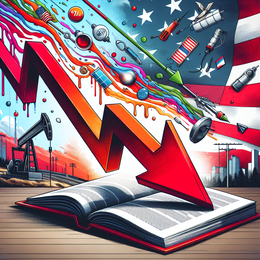 A dynamically illustrated image featuring a dramatically plunging downward arrow coloured in striking red against a backdrop of American landscape, symbolising falling gas prices. Sprinkled around this image, are various icons symbolising energy such as an oil pump, a solar panel and a wind turbine. On one corner of the image, a thick book titled 'Must-Have Guide to US Energy Policy Shifts' lays open with highlighted paragraphs evocative of significant policy shifts. Please add subtle touches like marks on the downward arrow to represent fluctuation in prices and creative energy symbols on the book cover.