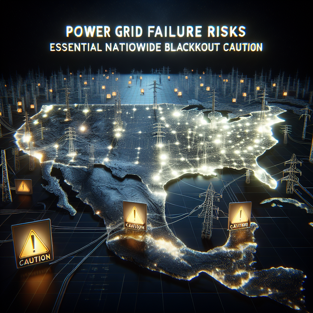 Visualize a power grid in a dark environment to symbolize a nationwide blackout. The grid should span across the topography of a country, illuminating brightly in the surrounding darkness. To illustrate the concept of 'failure risks', some areas of the grid should be flickering or going dark. Additionally, there should be warning signs posted near the grid, symbolizing 'caution'. Finally, the title 'Power Grid Failure Risks: Essential Nationwide Blackout Caution' floats over the scene in bold, pronounced letters. This should serve to emphasize the gravity of the situation and the important message of the article.