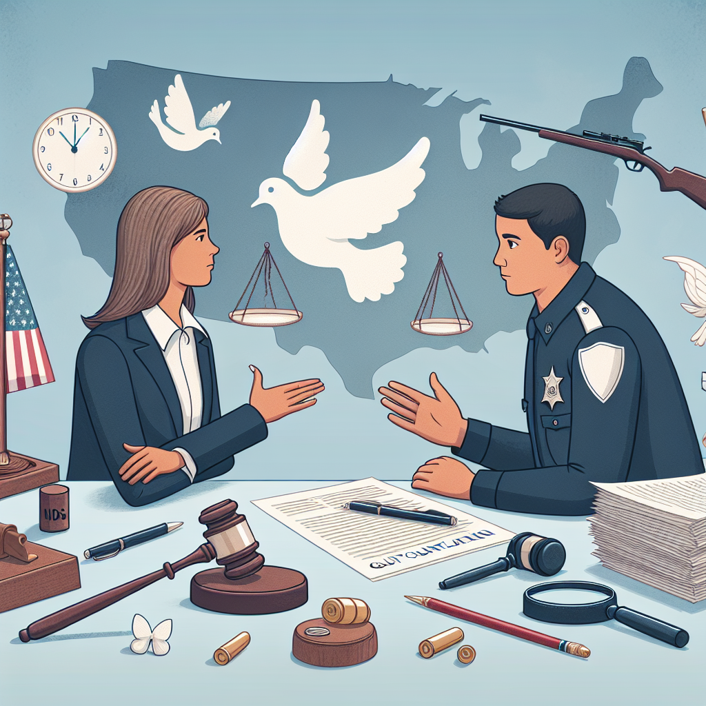 An image depicting a scene related to Federal Gun Control Legislation. Depict a balanced scene of a Caucasian female lawmaker in professional attire and a Hispanic male law enforcement officer holding a discussion. They are surrounded by various symbols related to the legislation such as paper documents and a gavel on a desk. Also include a set of scales, symbolizing balance, and a peace dove, representing the goal of reducing gun violence. In the background, faintly highlight a United States map to show the nationwide relevance of the topic.