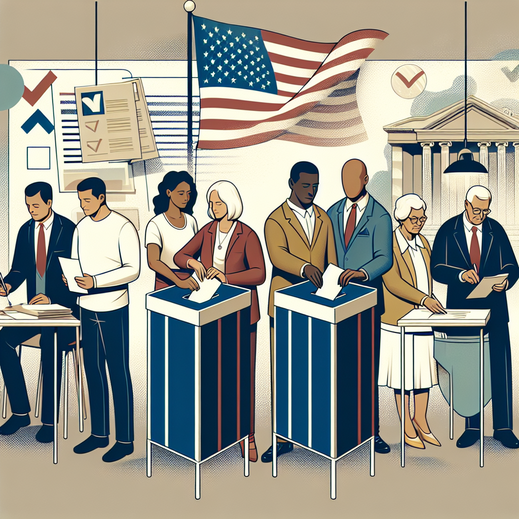 An illustrated depiction of a diverse group of people casting their ballots at a polling station. Reflect it as a symbol of democracy in action. Show a Caucasian woman in her 30s, a Black man in his 40s, a Hispanic elderly man, and a young Middle-Eastern woman participating in the process. Include visual elements such as polling booths, ballot boxes, and the American flag. Use hints of legal documents or law books in the background to signify voting law changes. Important: Do not portray recognizable figures or portray any branding or logos.