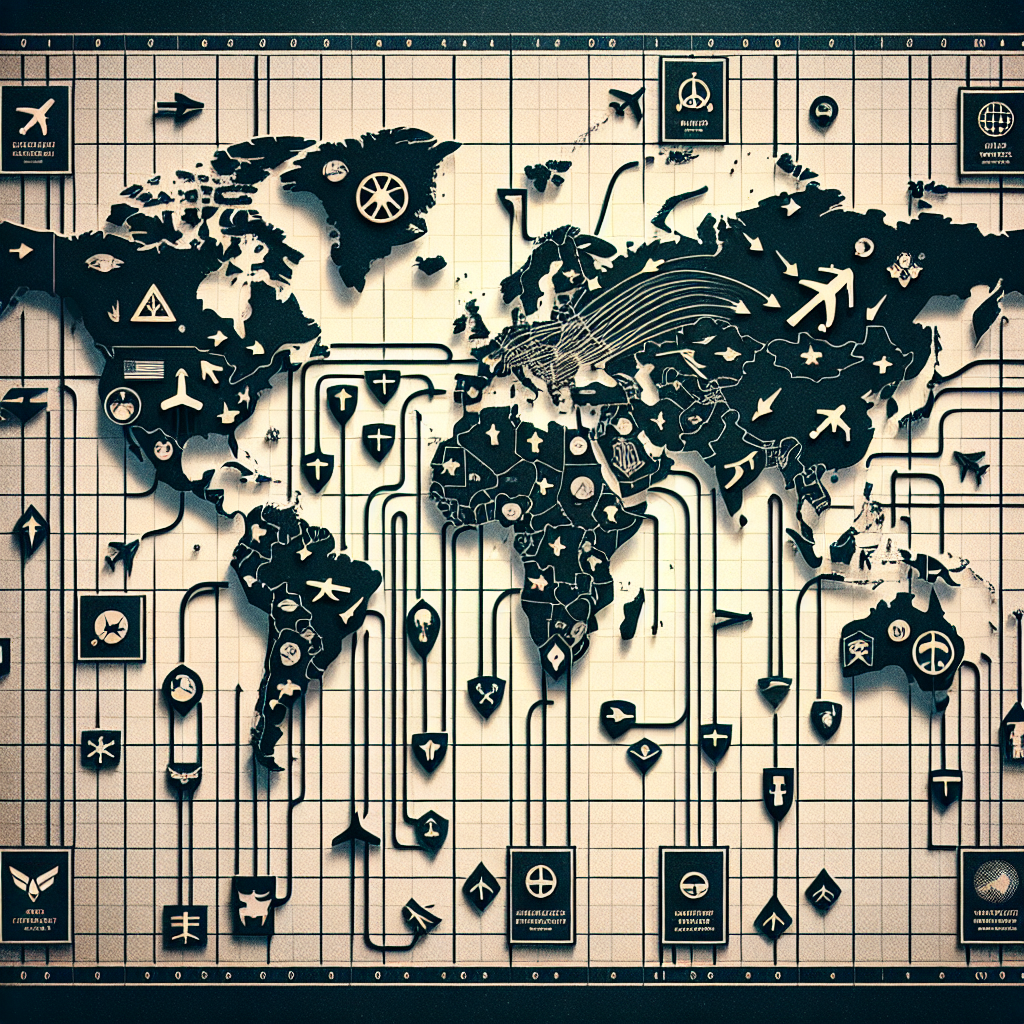 Visual representation of a hypothetical global map where countries are interconnected with arrows, denoting the flow of military aid. The arrows extend from more prosperous nations to those in greater need, showcasing the effortless strategies for strengthening global security. Add symbols that represent peace and security at the destination of the arrows. Overlay the map with grids that form a strategic game board emphasizing the calculated nature of these decisions.