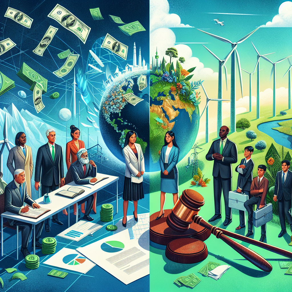 A dynamic illustration representing the concept of clean energy investments and climate change legislation. On one half, portray a diverse group of people, including a South Asian woman, a Caucasian man, and a Black non-binary individual, all dressed as economists, standing around a table littered with green money bills and blueprints of wind turbines and solar panels. On the other half, showcase a balanced, healthy planet with lush green forests, sparkling oceans, bright blue skies and renewable energy sources like windmills and solar panels. Include symbolization of beneficial legislation, such as a gavel striking in favor of a document titled 'Climate Change Act'.