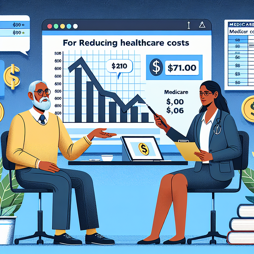 An illustration of a person of Hispanic descent aged around 60-70 years old, discussing healthcare plans with a suited female South Asian consultant. The woman is pointing towards a large chart displaying statistics for reducing healthcare costs. The chart includes a descending graph line, dollar signs, and a medkit symbol. Some books about Medicare and healthcare reforms are on their desk. A visible spreadsheet opened on their laptop highlights possible Medicare cost-cutting measures. This scene portrays a peaceful and comprehensive discussion regarding possible ways for Medicare beneficiaries to cut down on healthcare expenses.