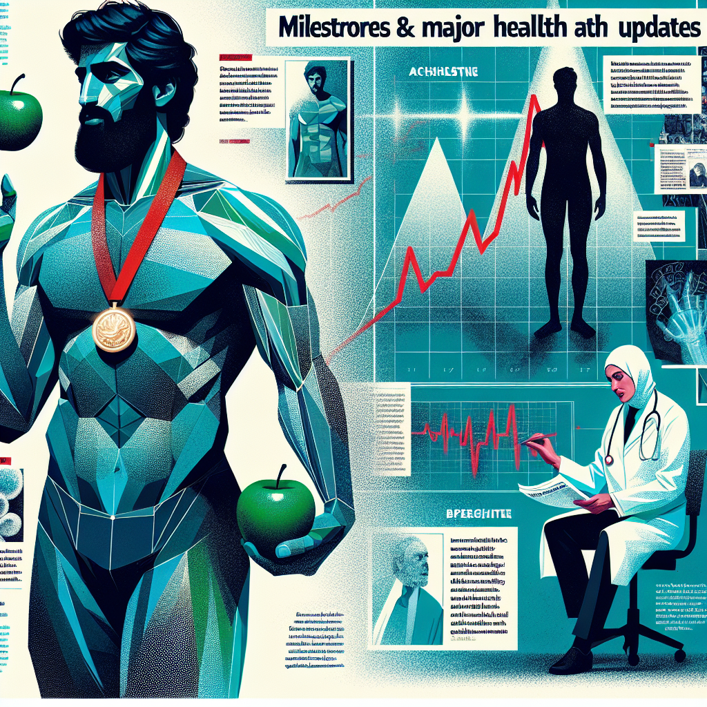 An illustration for a magazine article with the theme of health and accomplishment. The cover shows an abstract figure of an athletic Middle-Eastern male with a medal around his neck, symbolizing achievement. In his other hand, he holds a green apple, representing health. In another section, a silhouette of a Caucasian female in a doctor's lab coat is inspecting a large chart, indicating medical breakthroughs. The background has a dynamic mix of newspaper clippings with headlines related to health updates and milestones, without specifying any real individuals. The title of the article, 'Milestones & Major Health Updates: An Exclusive Insight' headlines the top of the image.