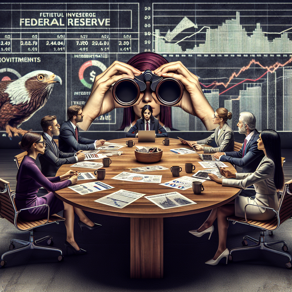 A visually engaging representation of a wooden conference table with six individuals of different genders and descents seated around. They are in deep discussion, their attention focused on charts and graphs showcasing interest rates and economic trends. Papers, laptops, coffee mugs are strewn around. Behind them, a large screen displays 'Federal Reserve Interest Rate' in bold. On the foreground, a fictional character is seen, a female investor of Middle-Eastern descent, viewing the scene through binoculars held up to her eyes, representing the concept of meticulous observation and optimization of investments.