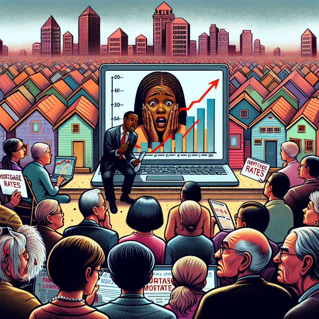 A chaotic scene at a US housing market where people are trying to figure out their mortgages. A worried white woman is staring at a laptop screen which reflects a graph showing a sharp rise in mortgage rates. An African American man, presumably a financial expert, is giving a speech on the recent surge in mortgage rates, shedding light on the US housing crisis. The audience, a mix of Asian, Hispanic, Middle Eastern, and other descent people, listen in interest, confusion, and concern. The background represents a city with densely packed houses denoting the housing market.