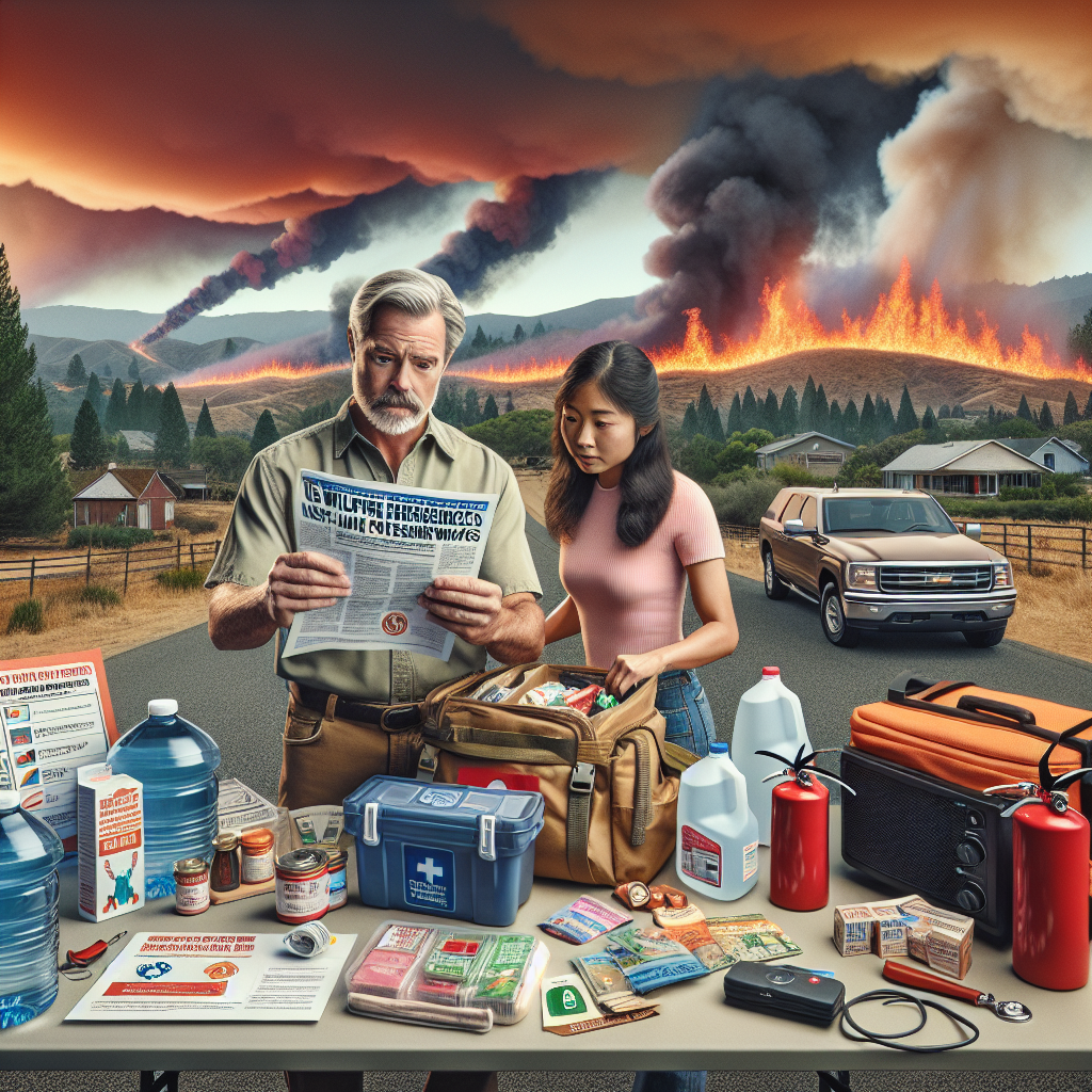 An extreme heatwave setting over a rural American landscape, causing a wildfire in the background. The sky is a mix of orange and smokey grey. In the foreground, a middle-aged Caucasian man and a young South Asian woman are packing essential emergency items into their car. Displayed prominently among their items are a gallon of water, a fire extinguisher, a first aid kit, and a battery-powered radio. A flyer titled 'US Wildfire Emergencies: Must-Have Tips for Extreme Heatwaves' is also visible among their stuff.