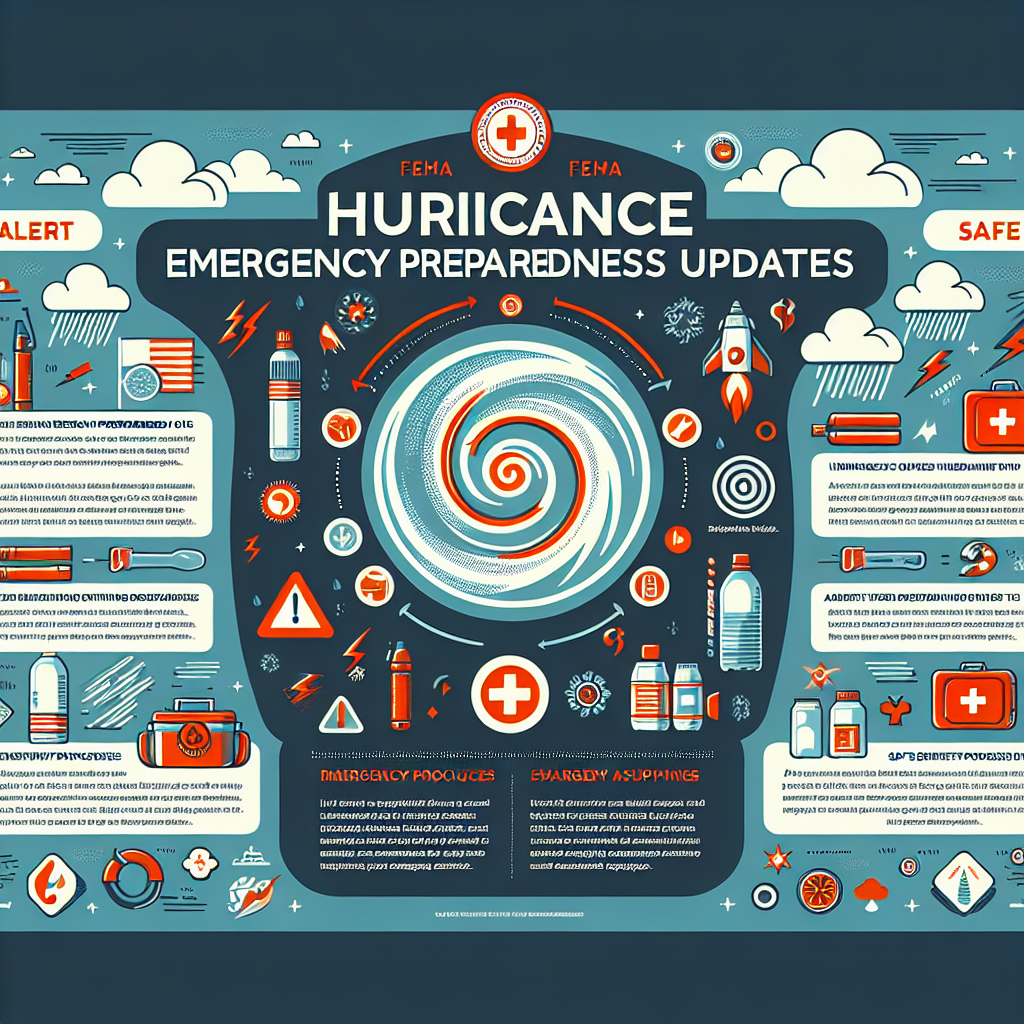 Visualize an informative page with essential emergency preparedness tips for the hurricane season. Include a bold headline reading 'FEMA Emergency Preparedness Updates'. The illustration should denote urgency and importance, featuring symbols associated with hurricanes like swirling storm clouds, high winds, and pelting rain. Further down, incorporate safety symbols like a bright flashlight, canned foods, bottled water, and a first aid kit to indicate emergency supplies. Add informational text boxes and infographics detailing alert procedures and safe actions during a hurricane. Make sure it maintains a professional and informative tone.