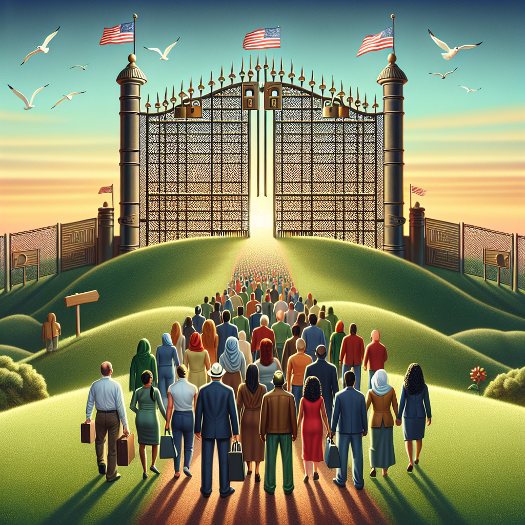 Visualise an image featuring a symbolic metaphor that represents the changes in the US immigration policy. It should depict a robust gate with intricate lock mechanisms atop a hill, signifying increased security. There should be a path leading up to the gate, metaphorically representing the journey of immigrants. A diverse group of people, both men and women of different descents including Caucasian, Hispanic, Black, Middle-Eastern, and South Asian, are seen walking on the path demonstrating the inclusiveness of the policy. Background hints at sunrise, symbolising new beginnings. Please steer clear of any identifiable flags or national symbols.