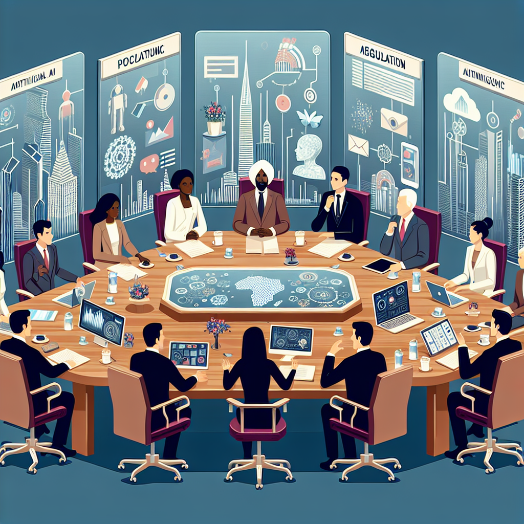 Illustration of a formal meeting setting, with diverse people from different descents such as Caucasian, Hispanic, Middle-Eastern, and South Asian engaged in a conversation about artificial intelligence. There are documents spread across a large, impressive wooden table, and on the wall behind them is the outline of a futuristic city. Gadgets, papers with charts and graphs, and futuristic AI-driven devices are scattered around. Overall, the scene reflects a focus on policy and regulation discussion, specifically centered around AI, in a decision-making setup. No direct references to the White House or any politicians are visible.