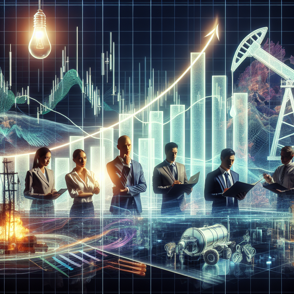 Visualize a dynamic scene that represents the fluctuating energy markets in the United States. Feature a horizontal bar graph made of holographic light showing the variable gas prices, perhaps dipped by a feather pen signifying policy changes. To the side, a diverse group of economists, portrayed as a South Asian woman, a Caucasian man, and a Hispanic woman, analyzing the data and discussing strategies. In the background, symbols of key energy sources: an oil derrick, a solar panel, a wind turbine, and an electric car charger. Make the overall mood reflective of a cautious optimism.