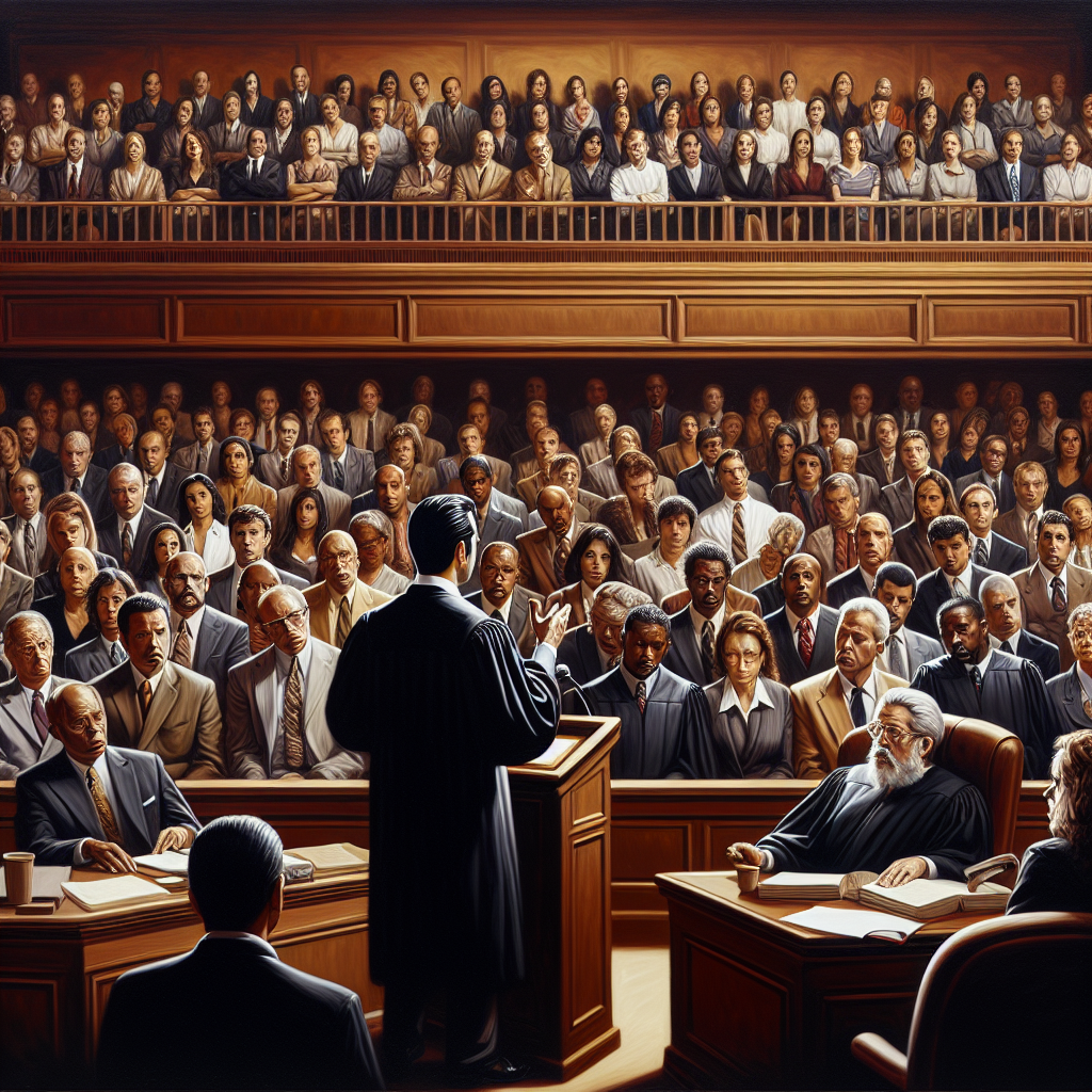 Visualize a dramatic and intricate depiction of a packed courtroom, maintaining the gravity and seriousness that is associated with high-profile criminal trials. A central figure, who is an anonymous male Hispanic lawyer, is delivering a passionate closing argument. He is addressing a mixed-gender jury consisting of a balanced mix of Middle-Eastern, South Asian, Black, and Caucasian individuals. The judge, a Caucasian woman, presides over the case with an off-white gavel resting on her polished mahogany desk. The gallery, filled to the brim with people of diverse descents, watches attentively. Please refrain from including any known figures or indicators leading to specific real-world cases.
