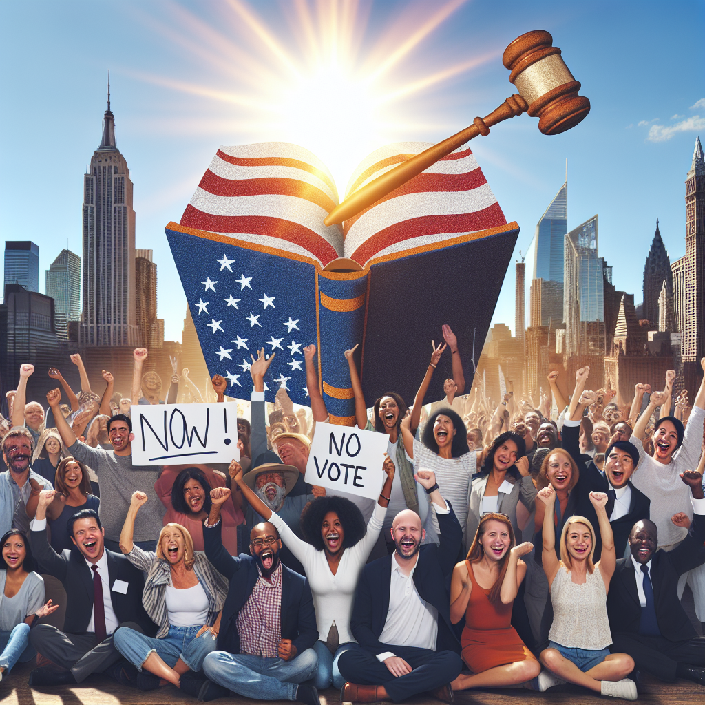An image showing a diverse community celebrating a positive change in voting laws. Show men and women of Caucasian, Black, Hispanic, Middle-Eastern, South Asian, and East Asian descents, with some holding up signs expressing optimism and joy. The backdrop is a city in the US, with its common skyline, filled with heightened emotions. It's a beautiful sunny day, symbolizing hope and a new beginning. They're at a public space, like a park or city square. Also, include an imaginative representation of an abstract concept like 'voting laws' – perhaps a large, shining book with a gavel.